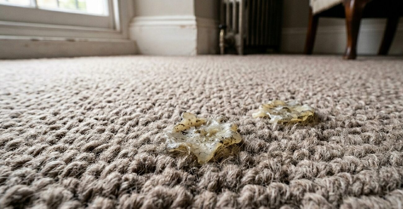 two small, oxidised candle wax drops melted into the dense fibres of an upscale wool carpet