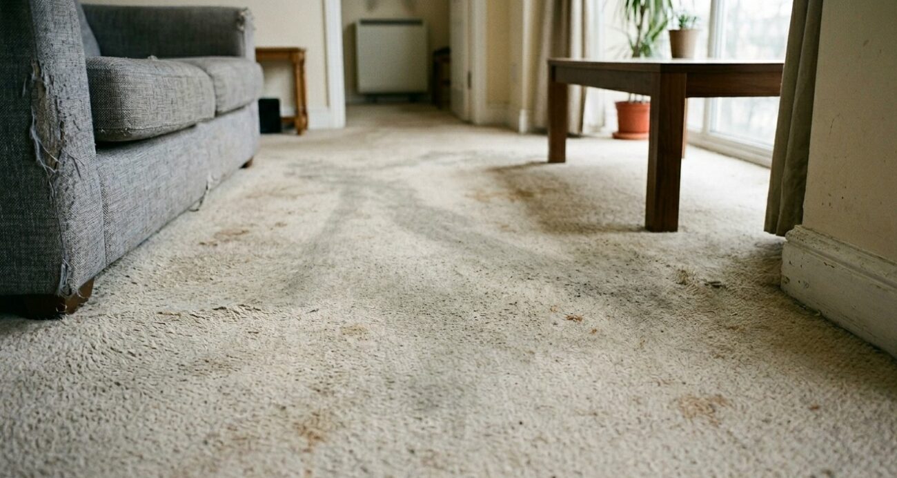 a slightly worn-out, light-coloured carpet in a typical London residential living room