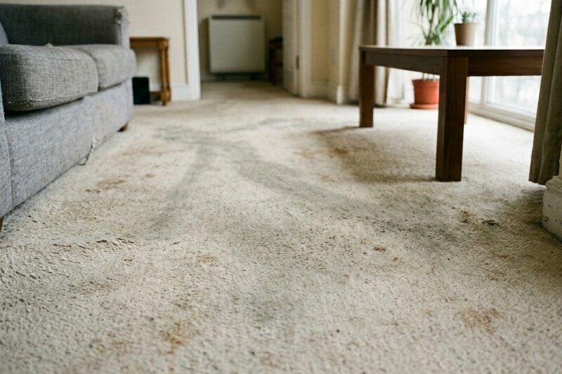 a slightly worn-out, light-coloured carpet in a typical London residential living room