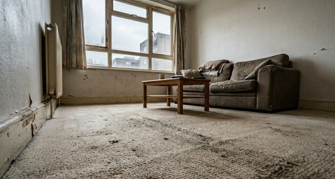  a modest London council flat living room, with a light beige carpet that is heavily worn and shows clear signs of long-term neglect