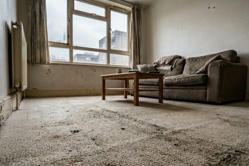  a modest London council flat living room, with a light beige carpet that is heavily worn and shows clear signs of long-term neglect