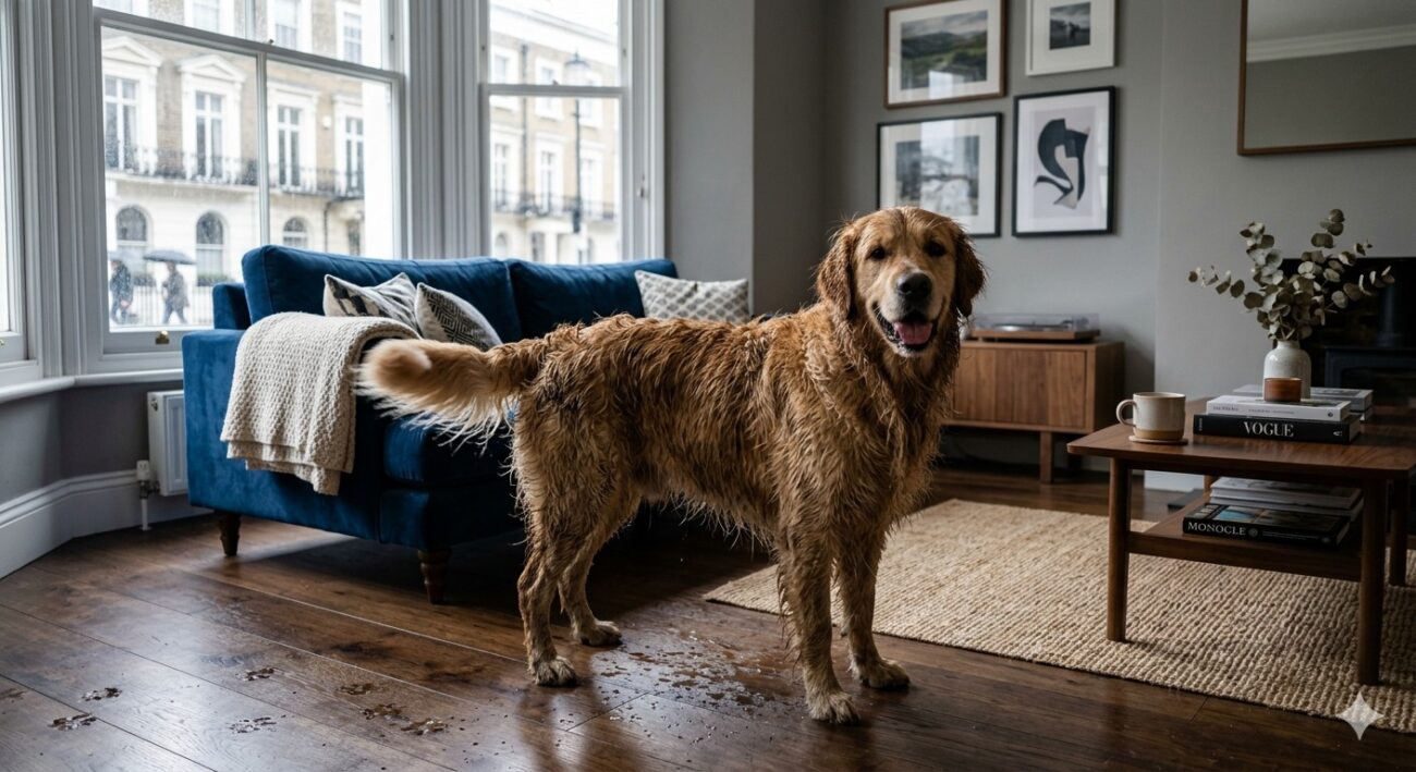 A fully grown Golden Retriever standing in the centre of a stylish London living room, its fur soaked from a long rainy walk