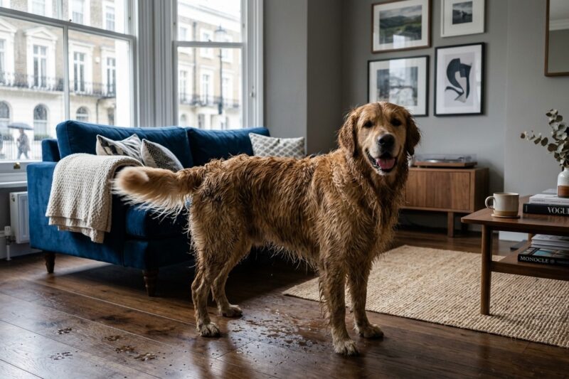 A fully grown Golden Retriever standing in the centre of a stylish London living room, its fur soaked from a long rainy walk